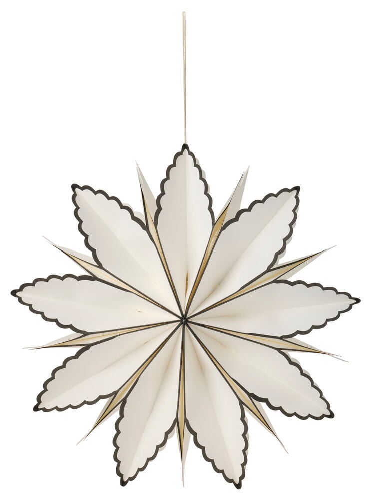 Adventsstjerne Rigel 60 cm Papir, kremhvit med mørke bølgete kanter, henger i en snor.