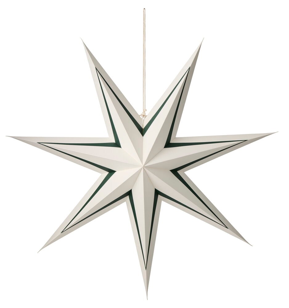 Hvit 8-tagget papirstjerne med mørkegrønne linjer, hengende i en hvit snor.