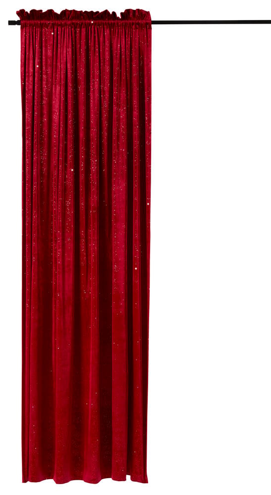 Ein roter Vorhang aus Polyestersamt mit Funkeln hängt an einer schwarzen Stange.