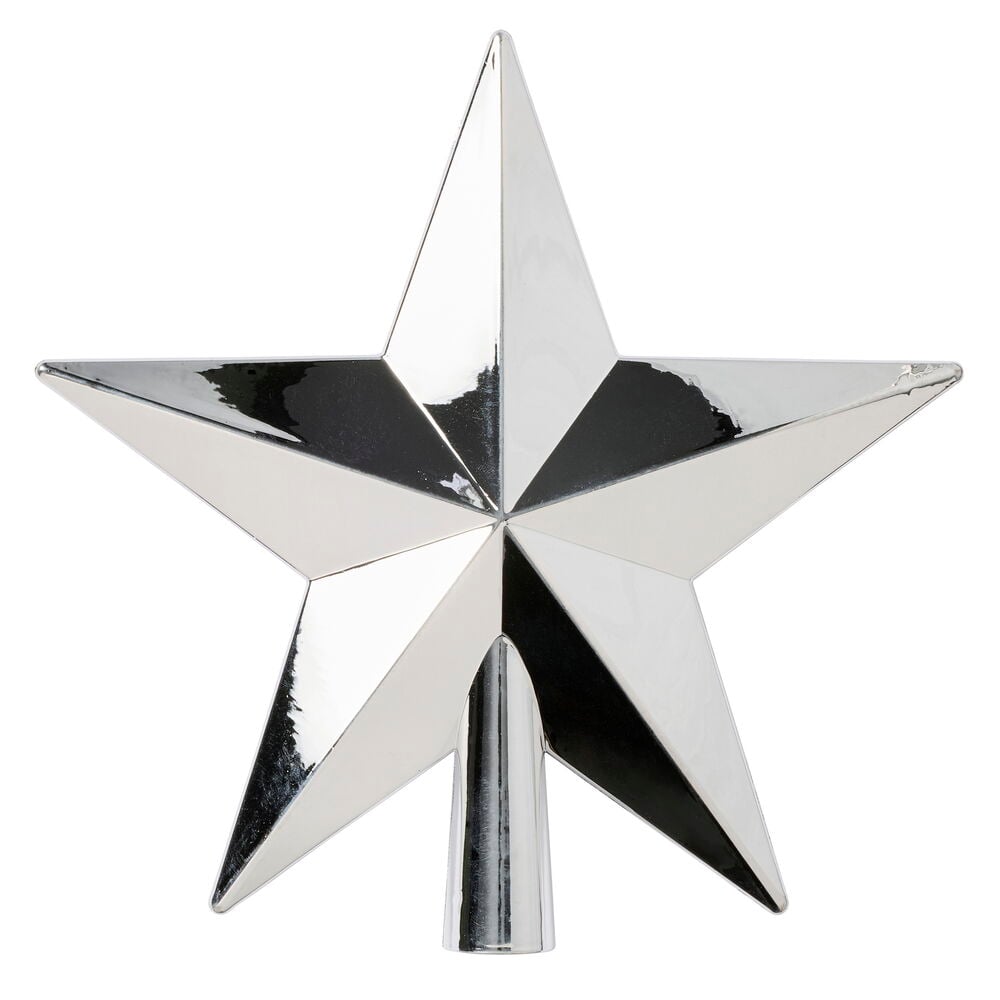 Ein glänzender, metallisch silberner, facettierter fünfzackiger Stern für die Weihnachtsbaumspitze mit konischem Sockel.