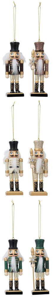 Drei Weihnachtsbaumdekoration Nussknacker 2er-Pack, mit einfarbigen und glitzernden Figuren in verschiedenen Farben.