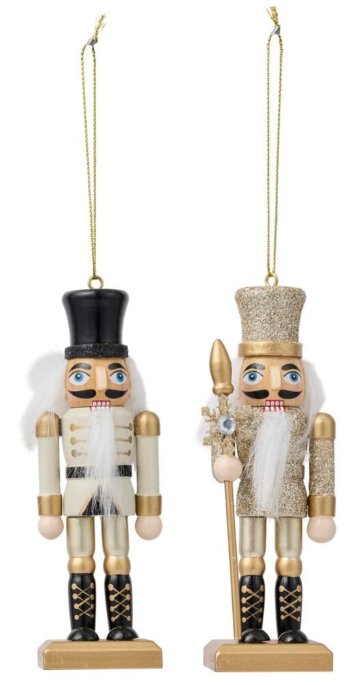 Weihnachtsbaumdekoration Nussknacker 2 er-Pack Verschiedene Farben, mit einem weißen und einem goldglitzernden Holz-Nussknacker.