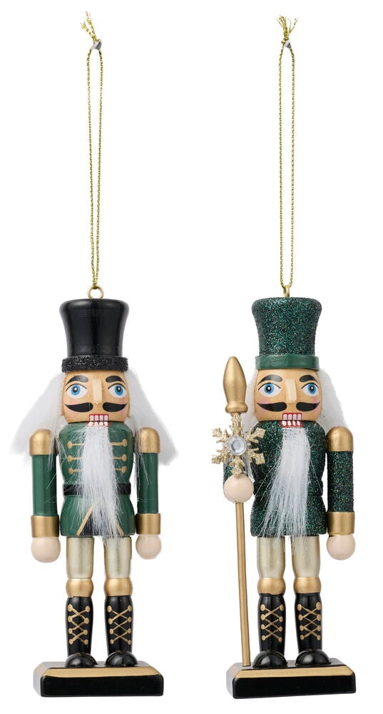 Weihnachtsbaumdekoration Nussknacker 2 er-Pack Verschiedene Farben, zwei hölzerne Nussknacker, einer hält einen goldenen Speer.