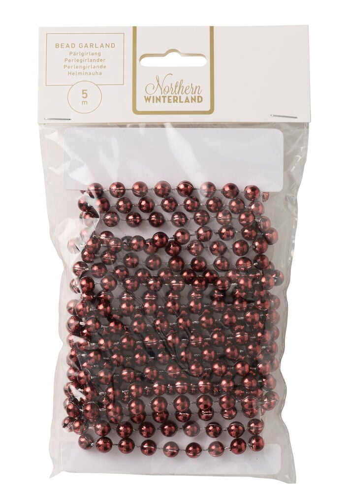 Eine verpackte rotbraune Perlengirlande als Weihnachtsbaumdekoration, 5 m lang.