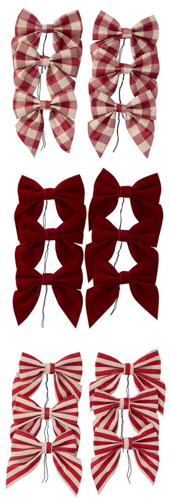 Rosette 6 er-Pack in drei Ausführungen: rot/beige kariert, unifarben dunkelroter Samt und rot/beige gestreift, alle mit Bändern.
