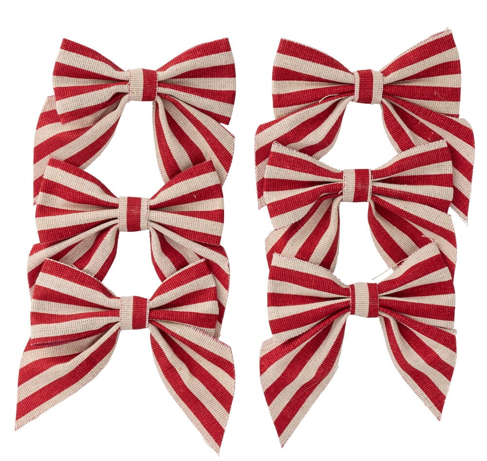 Rosette 6er-Pack: Sechs rot-beige gestreifte Jute-Schleifen sind klassisch gebunden dargestellt.