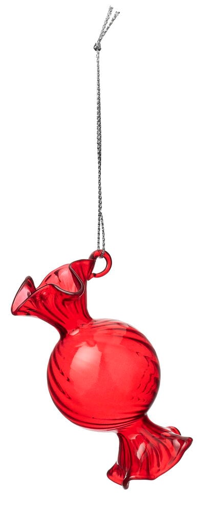 Rote bonbonförmige Weihnachtsbaumdekoration aus dem Candy 4er-Pack Glas, an einer Silberkette hängend.