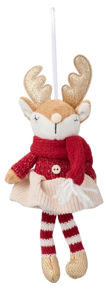Rentier 22 cm Mixed Ornament mit goldenen Geweihen, rotem Pullover, cremefarbenem Rock und gestreiften Beinen.