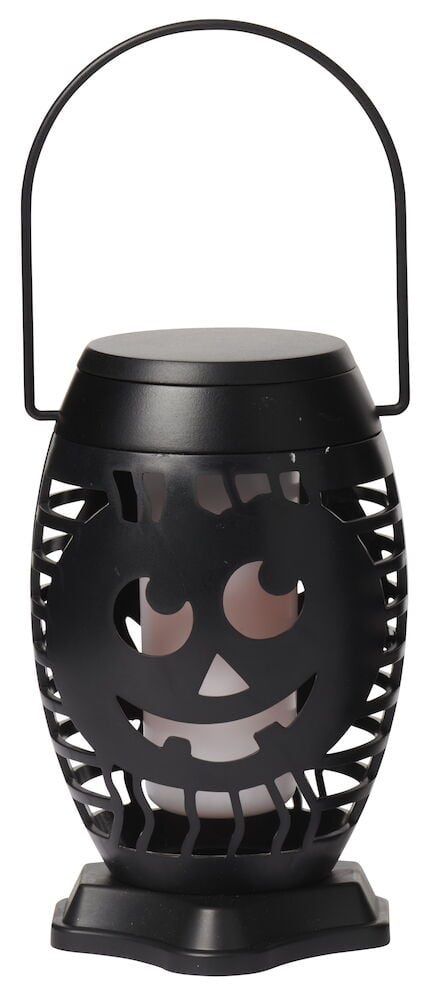 Schwarze LED-Laterne, batteriebetrieben Halloween 15,5 cm Flackernde Flamme mit Jack-o'-Lantern-Design und weißer LED-Flamme.