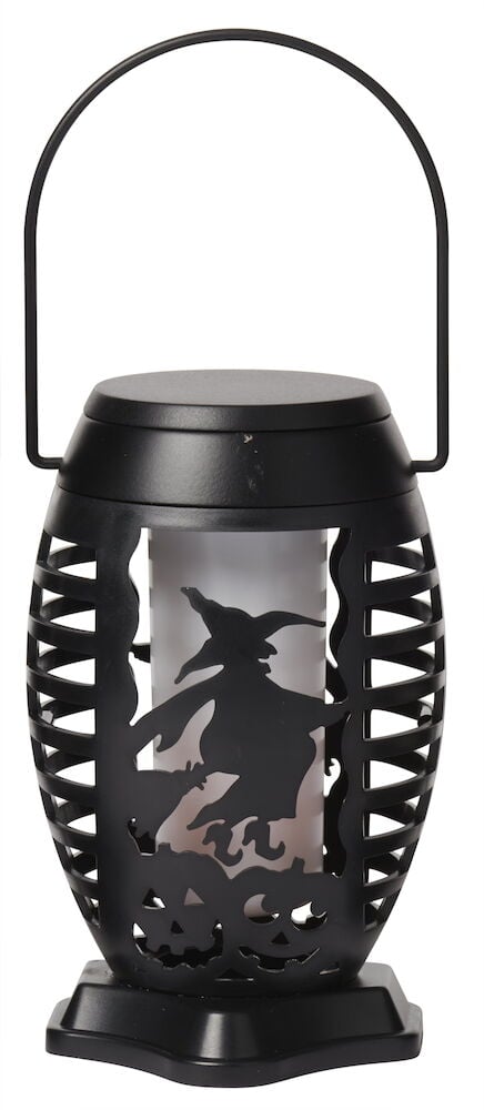 Schwarze batteriebetriebene LED Halloween-Laterne mit Hexen- und Kürbis-Ausschnitten, mit flackernder Flamme.