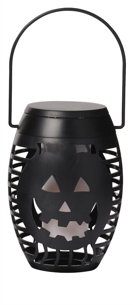 Eine schwarze LED-Laterne, batteriebetrieben Halloween 15,5 cm Flackernde Flamme mit Kürbisgesichtsausschnitt und Henkel.