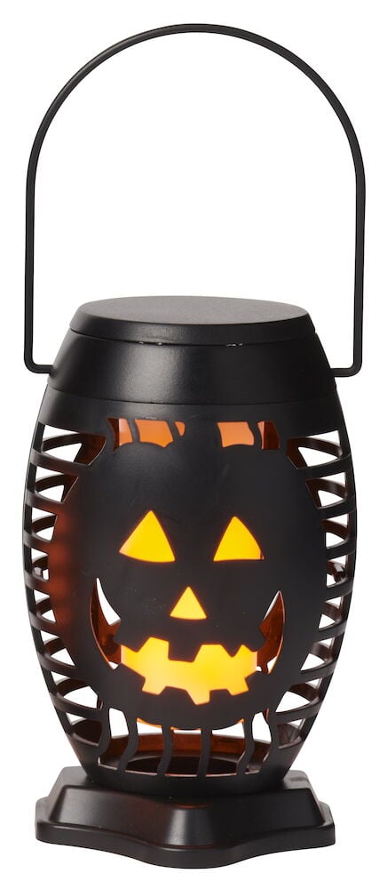 Eine schwarze LED-Laterne, batteriebetrieben Halloween 15,5 cm Flackernde Flamme mit einem geschnitzten Kürbisgesicht.