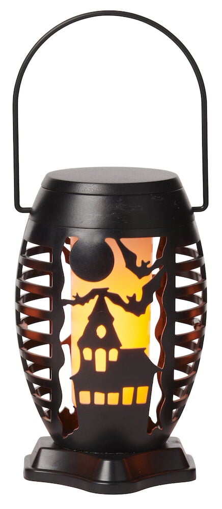 LED-Laterne, batteriebetrieben Halloween 15,5 cm Flackernde Flamme, schwarz mit Spukhaus- und Fledermausausschnitten.