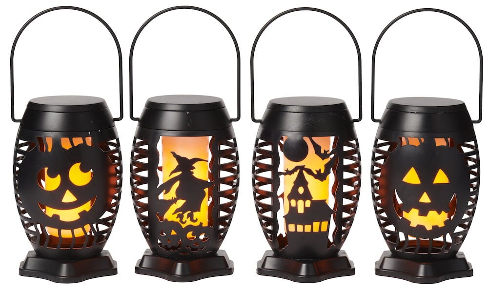 Vier schwarze LED-Laterne, batteriebetrieben Halloween 15,5 cm Flackernde Flamme mit Kürbis, Hexe, Geisterhaus-Design.
