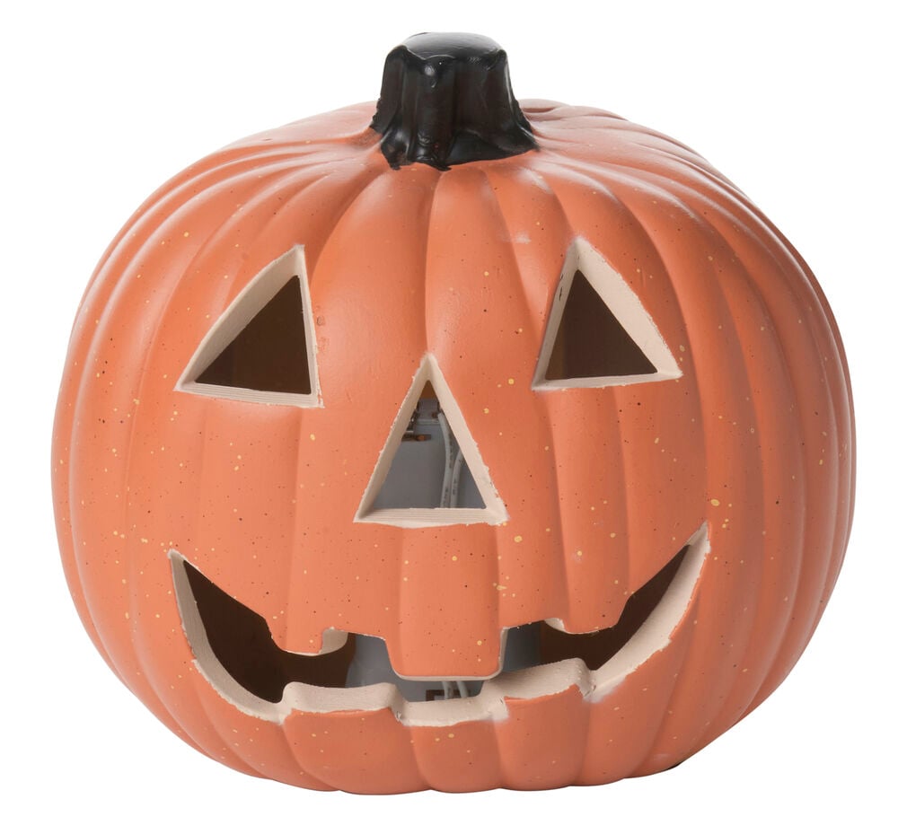 En orange LED Halloween Pumpkin dekorationsbelysning med ett snidat ansikte och svart stjälk.