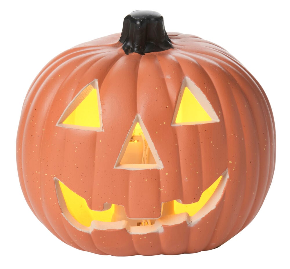 Orange LED Halloween pumpa dekorationsbelysning med snidade ögon, näsa och mun, 15,5 cm.