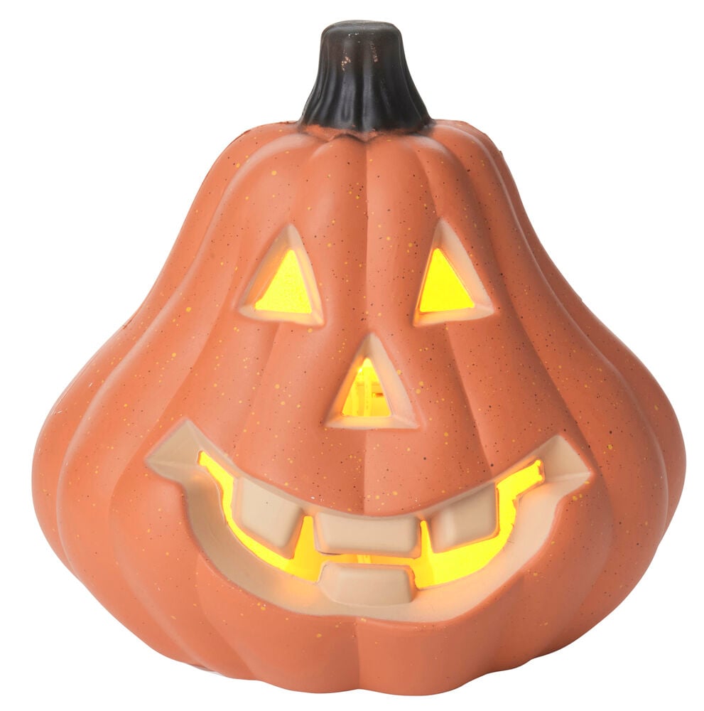 En orange LED Halloween Pumpkin 15,5 cm dekorationsbelysning med svart stjälk och lysande ansikte.