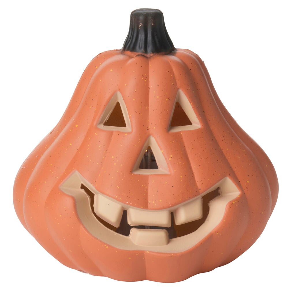 Orange LED Halloween Pumpkin dekorationsbelysning, 15,5 cm, med snidade triangulära ögon, näsa och leende mun.
