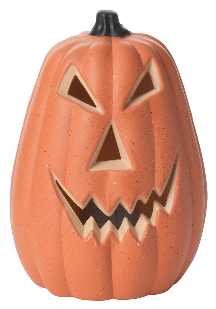En spräcklig orange LED Halloween Pumpkin dekorationsbelysning med utskurna triangulära ögon, näsa och en taggig mun.