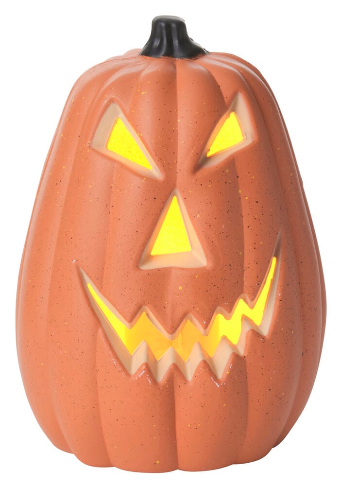 Orange LED Halloween Pumpkin dekorationsbelysning med lysande utskurna ögon, näsa och taggig mun.
