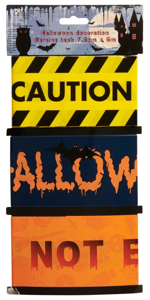 Pinotut Halloween-koriste varoitusteipit: keltainen 'CAUTION', sininen 'ALLOW', oranssi 'NOT E'.