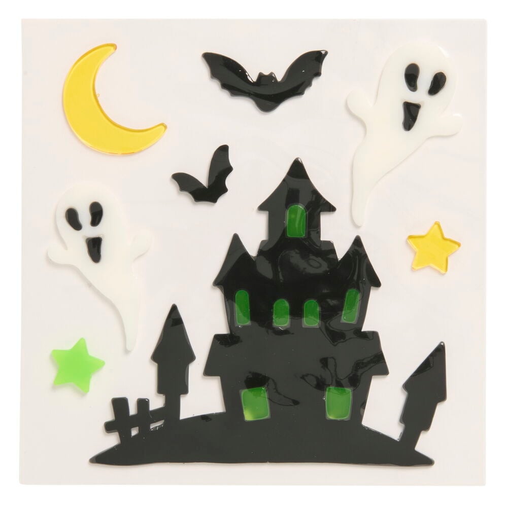 Fönsterdekaler i gel Halloween Flera sorter med ett spökhus, spöken, fladdermöss, en måne och stjärnor.