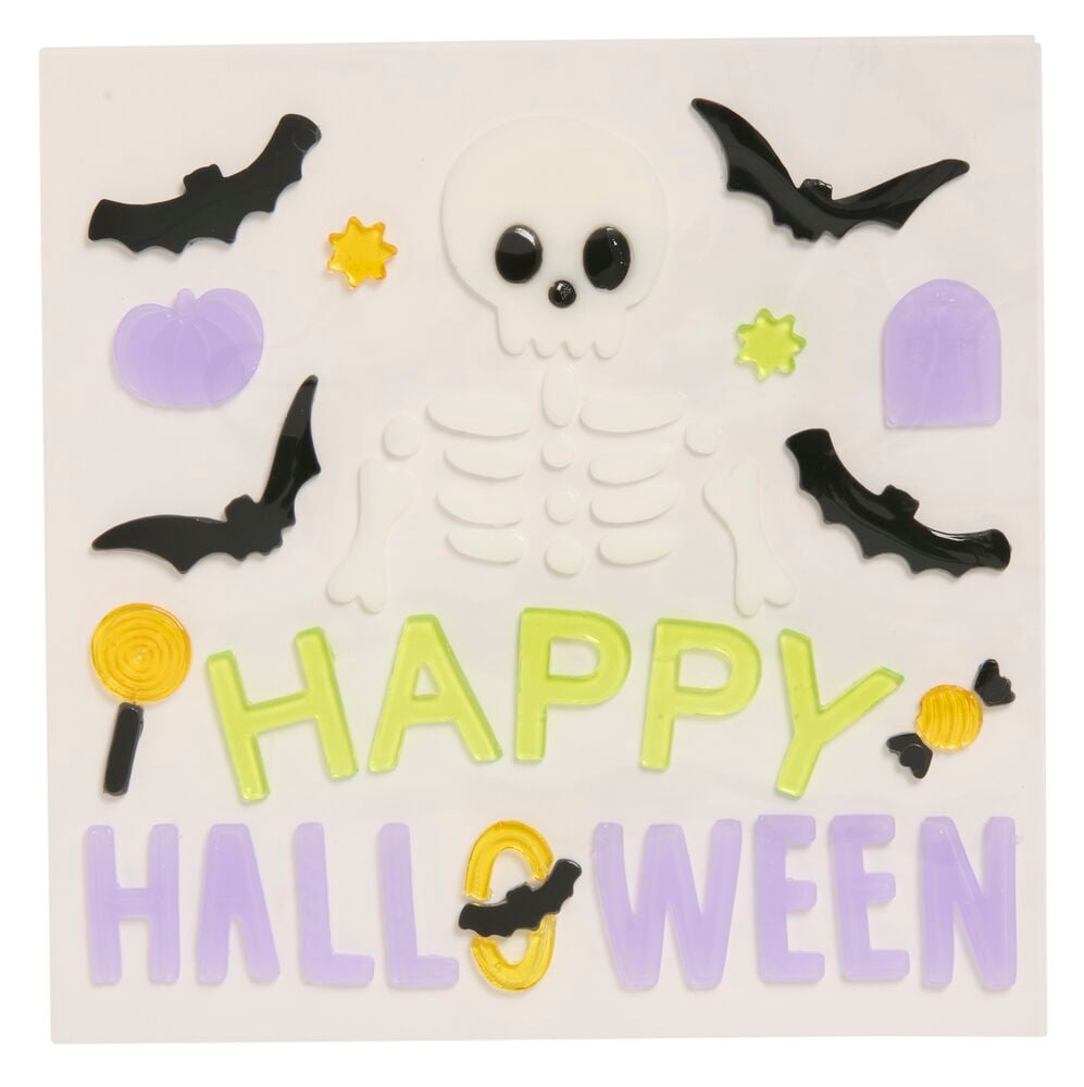 Fönsterdekaler i gel, Halloween, med skelett, fladdermöss, pumpor, gravsten, godis och "HAPPY HALLOWEEN" text.