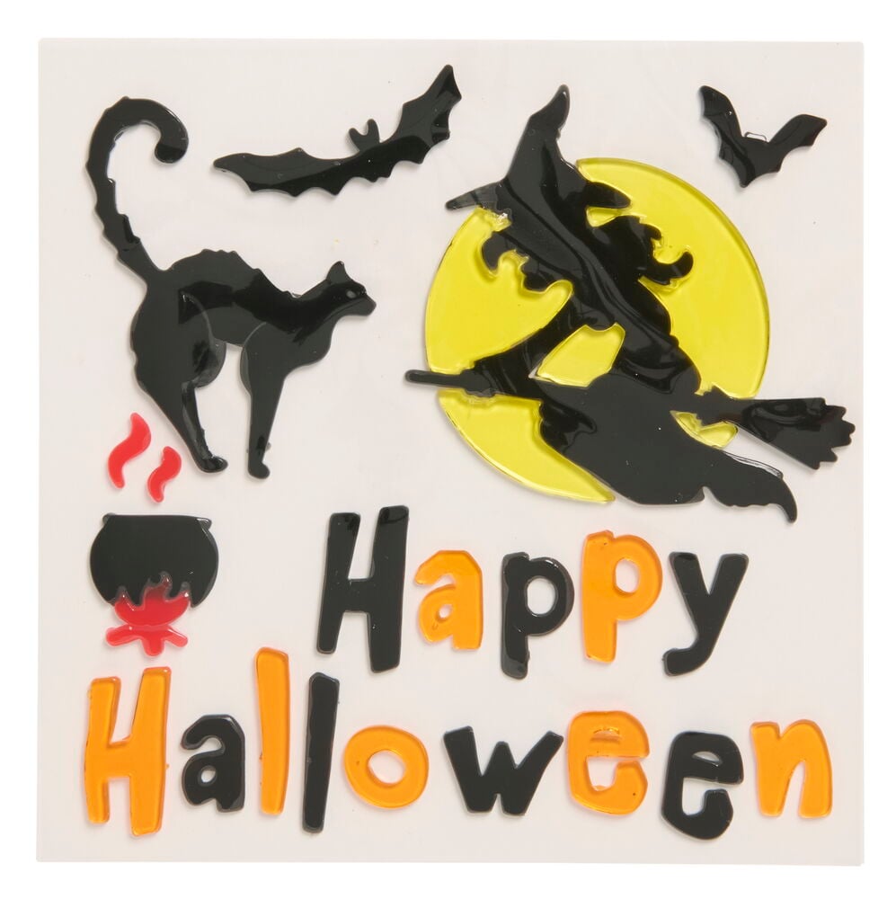 Halloween-geldekaler för fönster med svart katt, häxa på kvast, fladdermöss, kittel och texten 'Happy Halloween'.