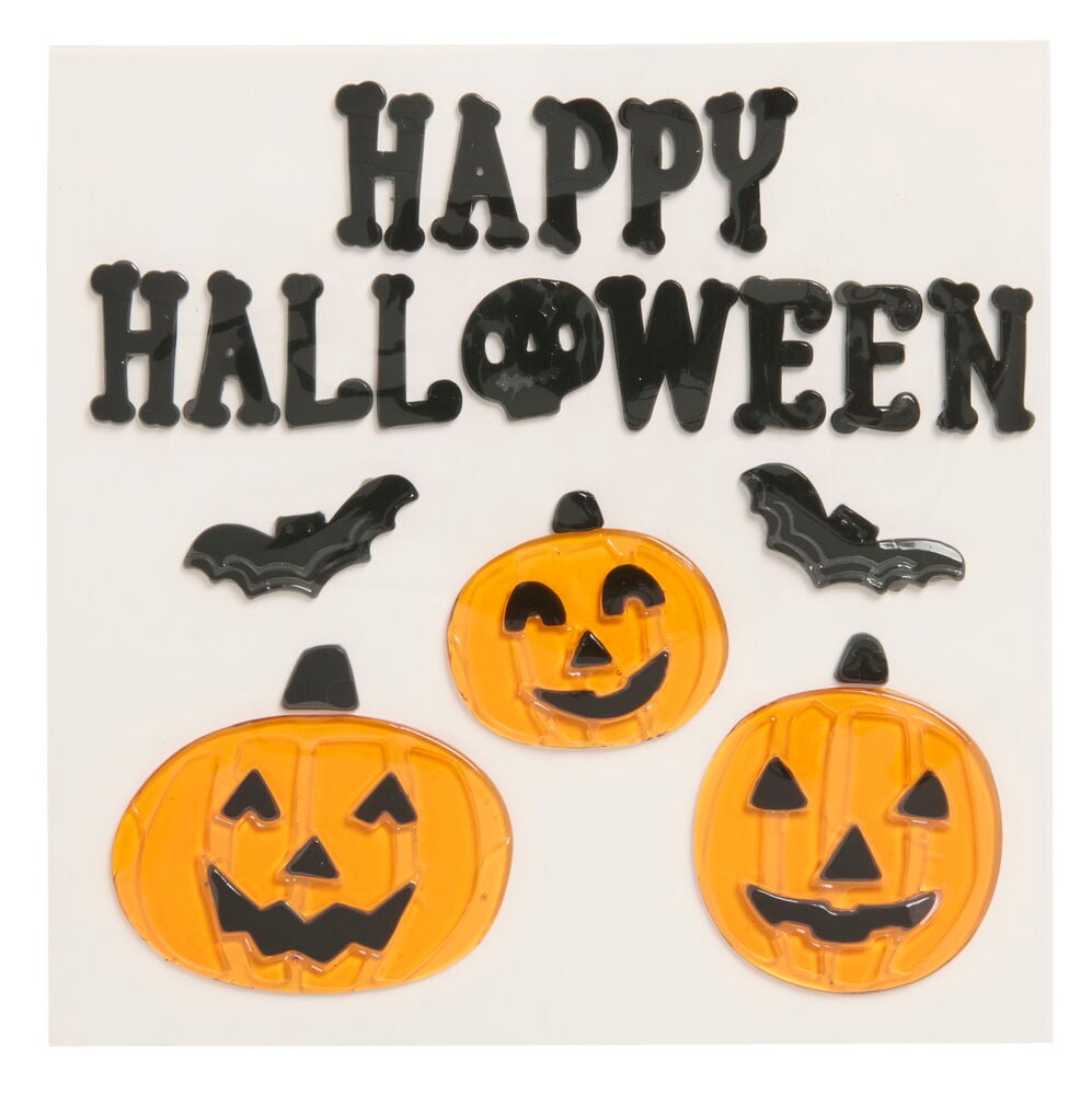 En uppsättning Halloween fönsterdekaler i gel: svart text, två fladdermöss och tre orange pumpor.
