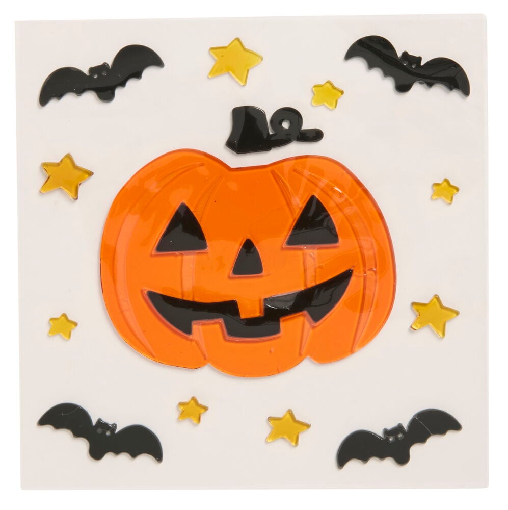 Fönsterdekaler i gel Halloween Flera sorter med orange pumpa, svarta fladdermöss och gula stjärnor.