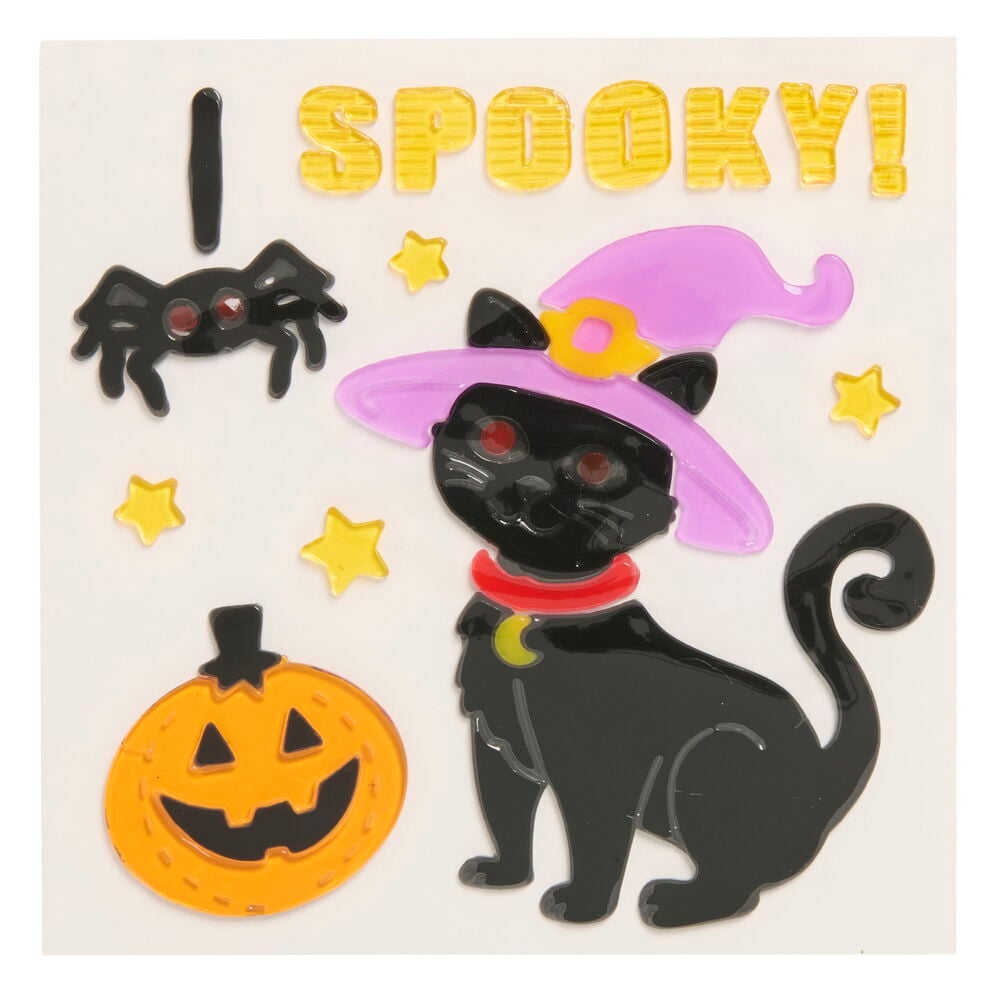 Halloween gel fönsterdekaler: svart katt med rosa hatt, spindel, jack-o'-lantern och 'I SPOOKY!' text.