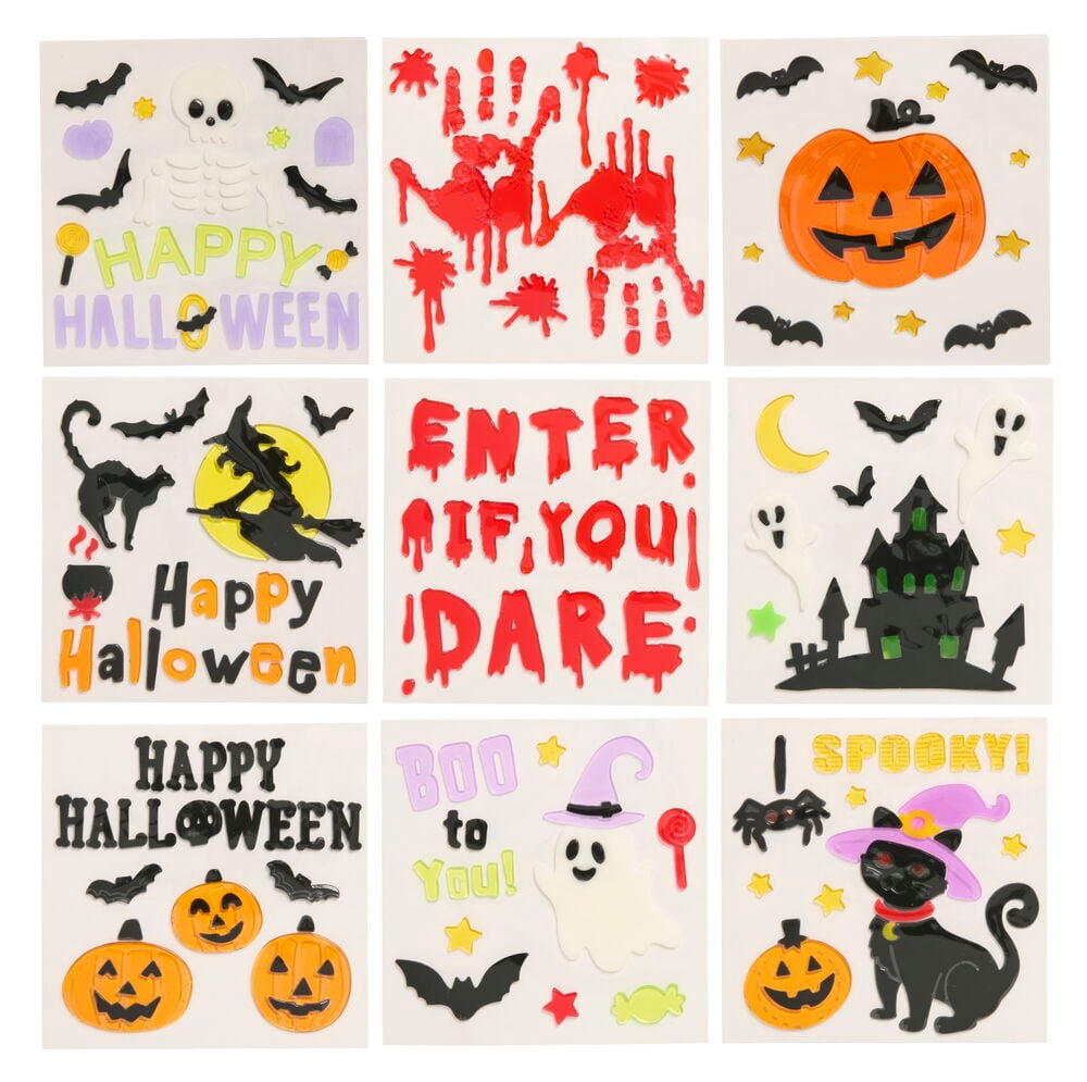 Ett rutnät med nio olika Halloween gel-fönsterdekaler med pumpor, fladdermöss, spöken, häxor och text.