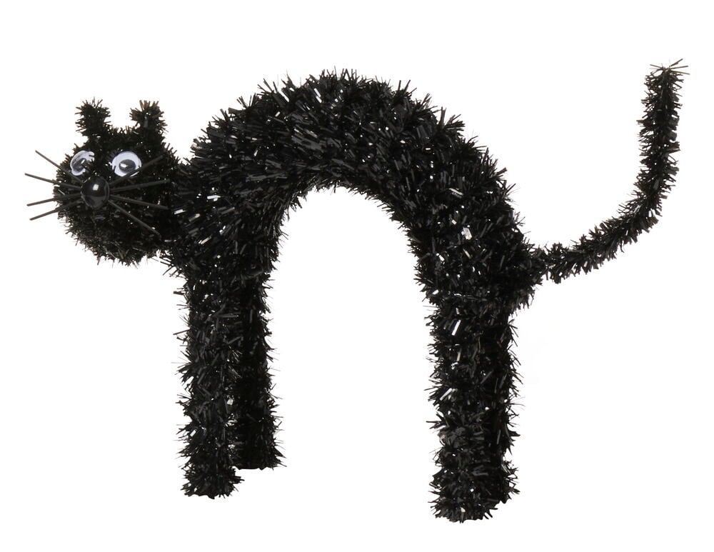 En svart glitterfigur som en Halloweenkatt med bågformad rygg och rörliga ögon för dekoration.