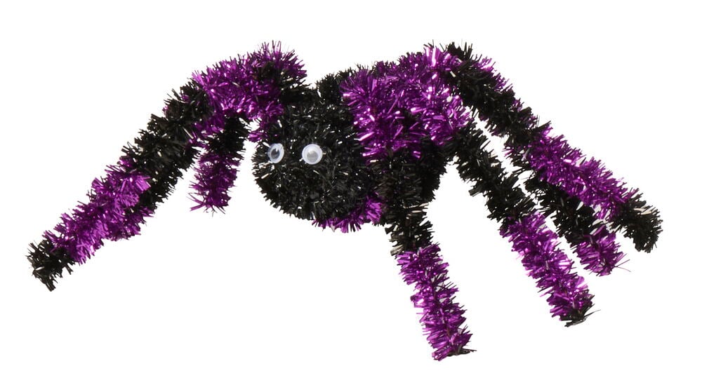 Svart och lila halloween dekoration glitterfigur spindel med rörliga ögon.
