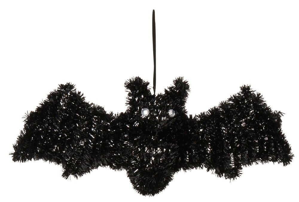 Halloween dekoration, glitterfigur Flera sorter, en svart fladdermus med lysande ögon och hängsnöre.