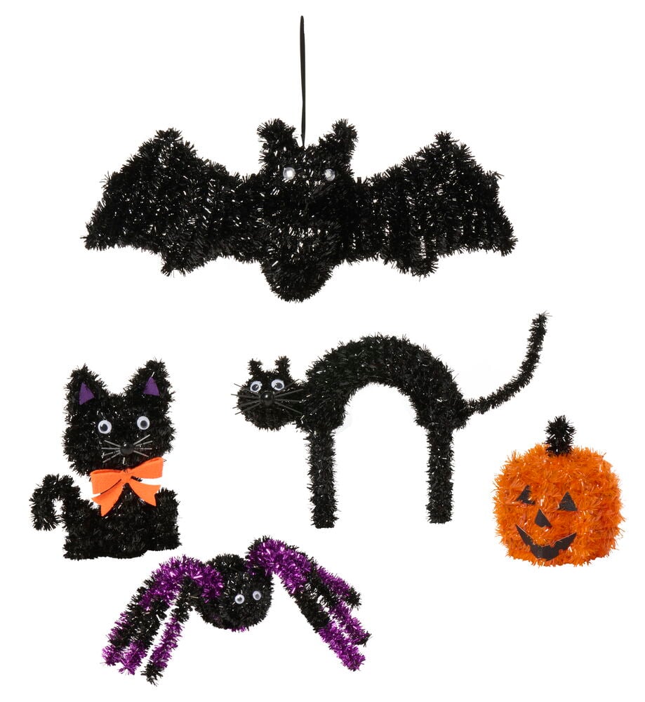 Halloween dekoration, glitterfigur Flera sorter: svart fladdermus, två svarta katter, svart-lila spindel och orange pumpa.