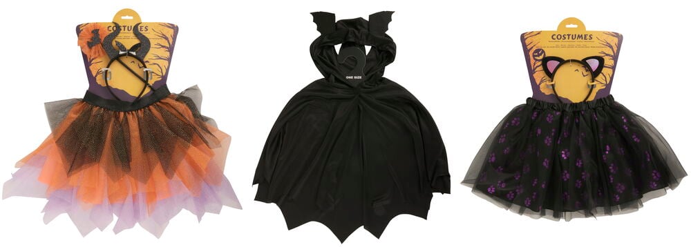 Maskeradset, barn One Size: svart/orange häxa, svart fladdermus och svart katt-tema.