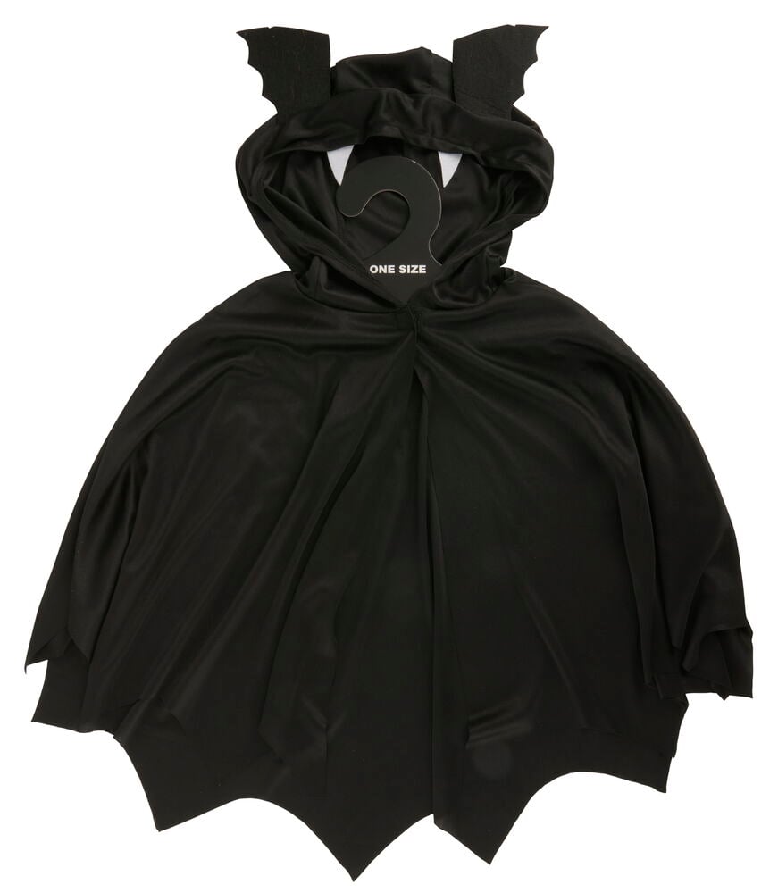 Maskeradset, barn One Size: svart fladdermuskappa med huva, fladdermusöron och vita huggtänder på galge.
