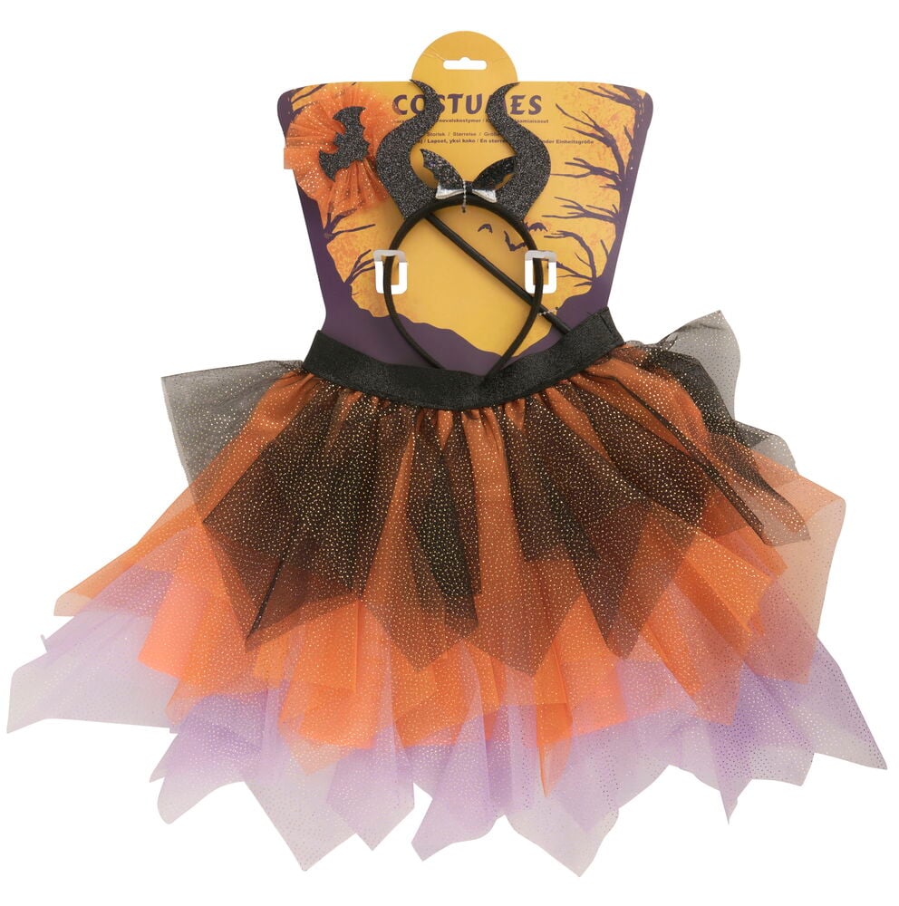 Maskeradset, barn One Size: svart, orange, lila skiktad tyllkjol och svart hornpannband.
