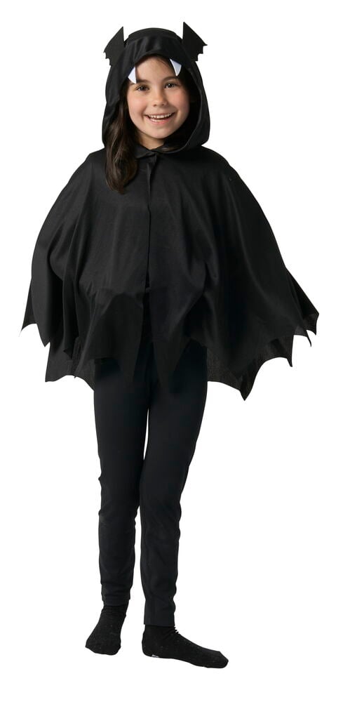 Maskeradset, barn One Size: svart fladdermuscape med huva, svarta byxor och svarta strumpor på ett barn.