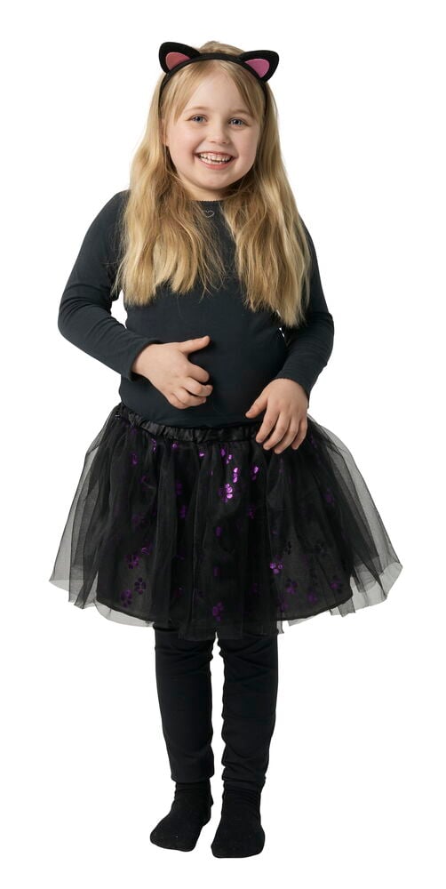 Maskeradset, barn One Size: svarta kattöron, svart topp, lila paljettyllkjol, svarta leggings och strumpor.