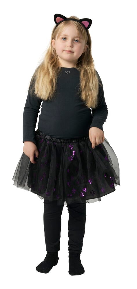 Maskeradset, barn One Size med svart kattöron-diadem och svart tyllkjol med lila paljetter.