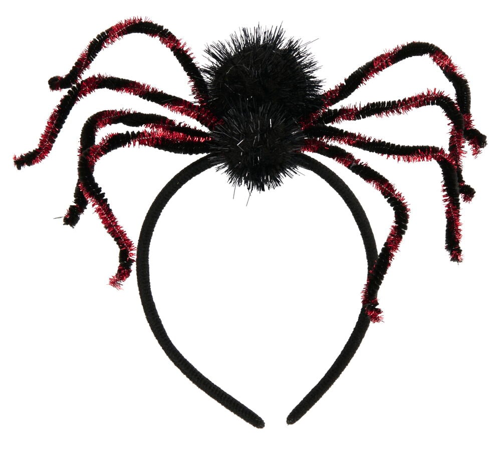 Ett Halloween Diadem Flera sorter: svart diadem med en fluffig svart spindel och svarta och röda piprensare ben.