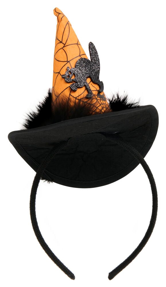 Ett svart diadem med en orange häxhatt, svarta spindelnät, glittrig katt och fjäderkant.