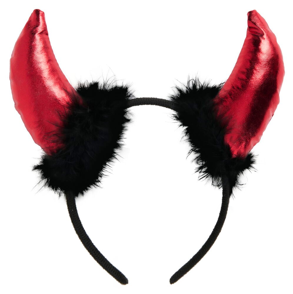 Svart diadem med röda metalliska djävulshorn och svart fuskpäls, en av flera sorter för Halloween.