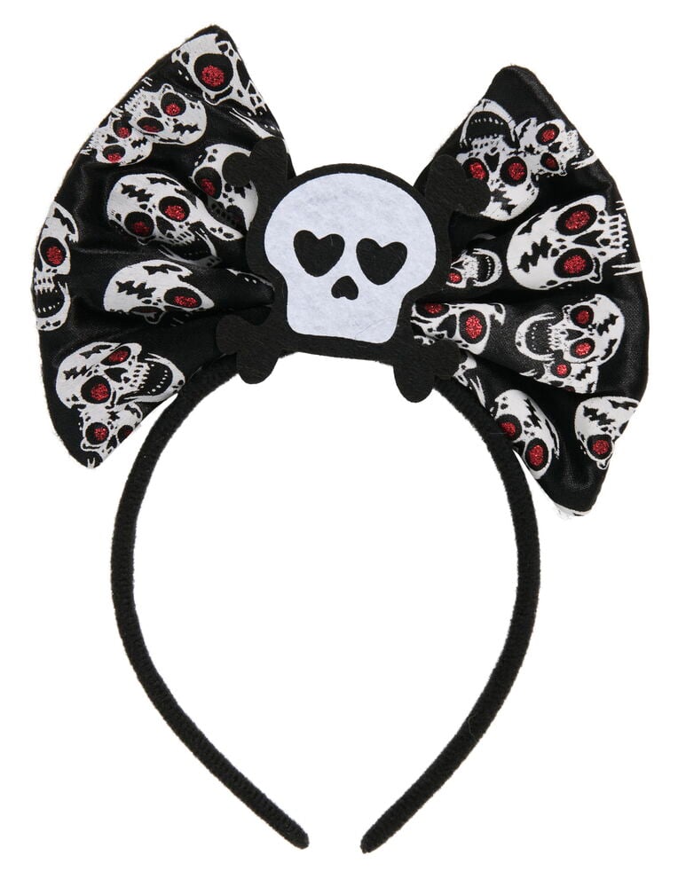 Svart Halloween Diadem Flera sorter med dödskalle-rosett, röda glitterögon och en vit filtdödskalle.