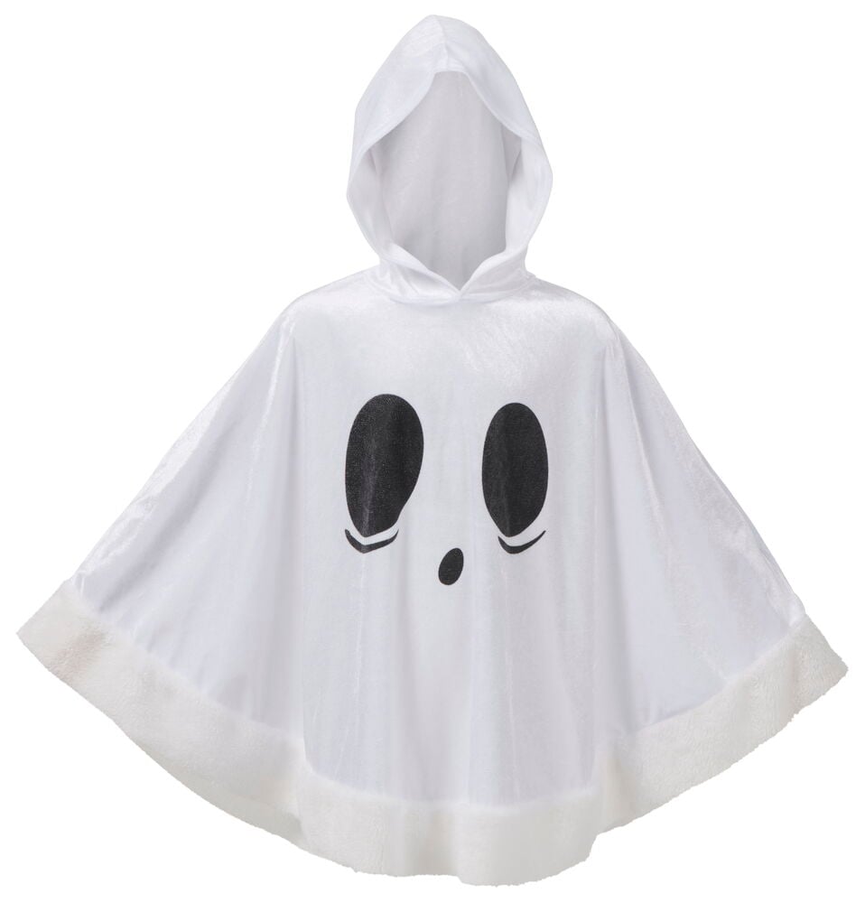 En vit spök-tema Poncho, barn Halloween One size med huva, svarta ansiktsdrag och fluffig vit kant.