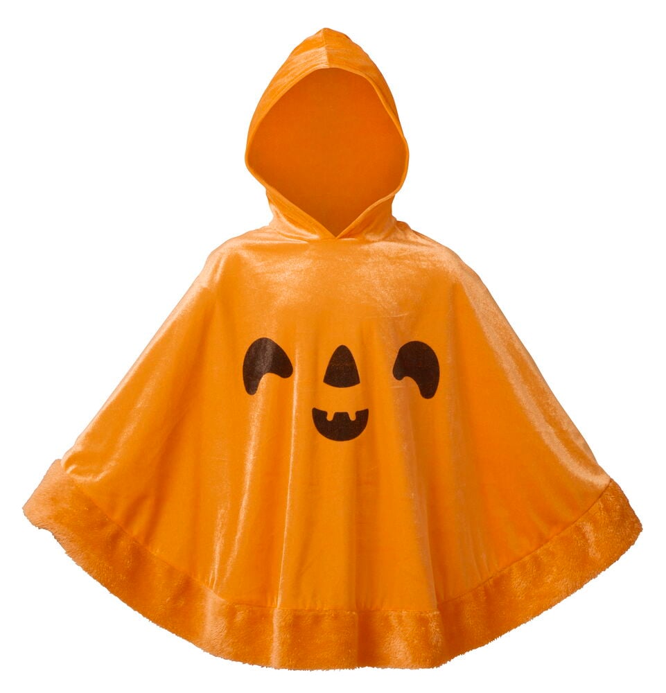 Orange sammetspoucho för barn med huva och svart pumpaansikte för Halloween.