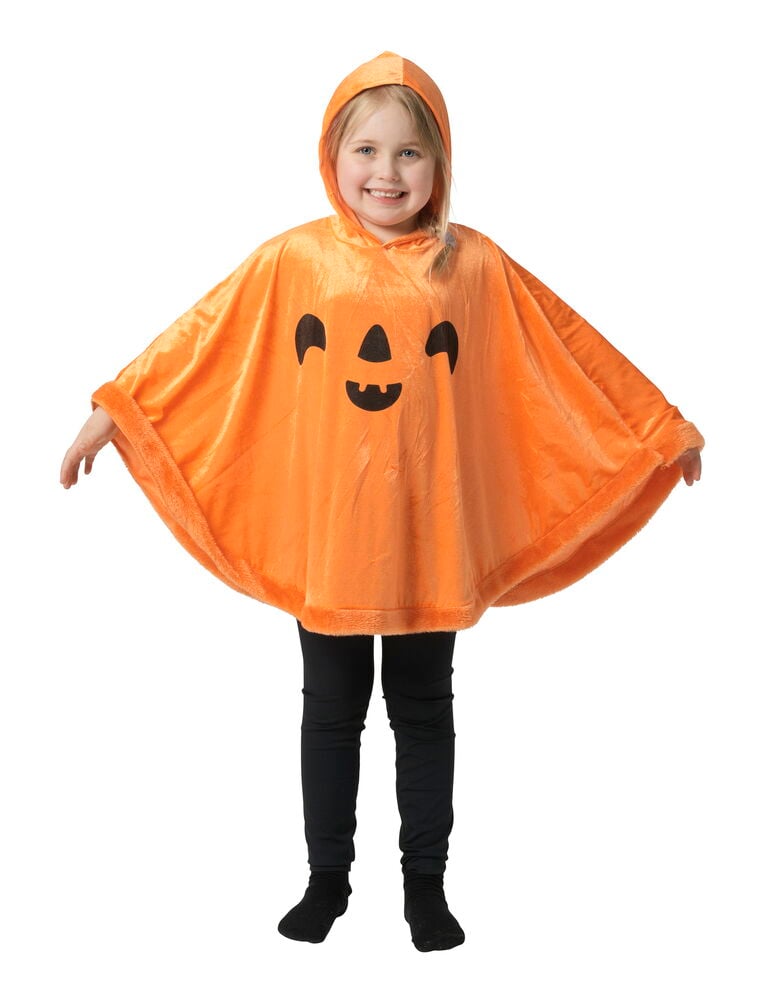 Poncho, barn Halloween One size, orange med pumpaansikte, bärs av ett barn över svarta leggings och svarta strumpor.