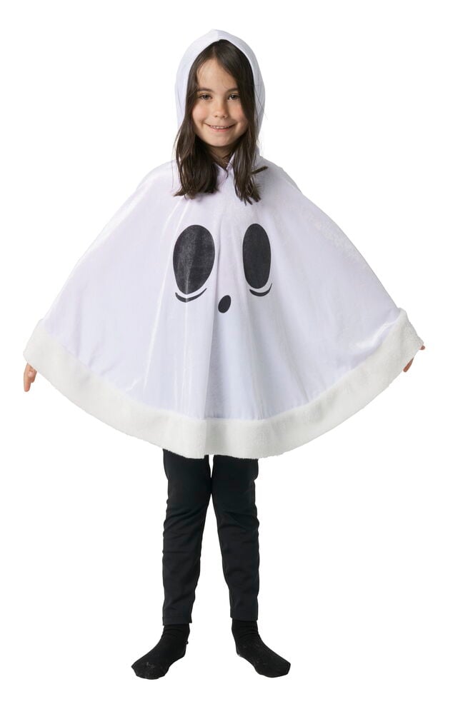 Framifrån en Poncho, barn Halloween One size vit med spökansikte, svarta byxor och svarta strumpor på ett barn.